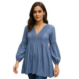 One world Boho Crochet Lace VNeck Peasant Tunic Top Flowy Balloon Sleeves Blue S
